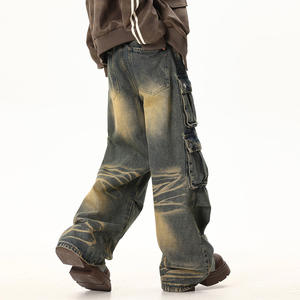 Ingrosso Washed <span class=keywords><strong>Old</strong></span>-pocket in poliestere <span class=keywords><strong>Denim</strong></span> pieghe moda Street Wear drappeggio larghi pantaloni dritti da uomo - Product Image 4