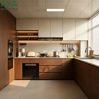 Meubles de cuisine en forme de L SLS Modern Japandi, placage bois et finition mate, armoires modulaires sur mesure pour projets résidentiels haut de gamme