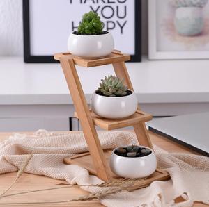 Semplice bianco nuovo carnosa pianta di ceramica piccolo ovale zakka contiene tre strati di bambù combinazione telaio in vaso vaso di fiori - Product Image 1