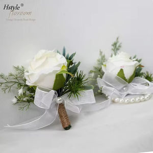 Hstyle Band Pulseira e Homens Boutonniere Set para Casamento Branco Flores Acessórios <span class=keywords><strong>Prom</strong></span> Suit Marfim Rose Wrist Corsage Wristlet - Product Image 2