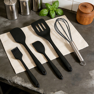 Silicone Kitchen Utensil Set 5 Piece Black Heat Resistant Spatula Whisk Brush Cooking Tools - Product Image 1