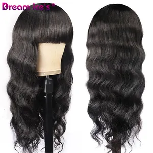 Grosir rambut vendor 40 inci hitam murah Afrika wanita panjang tubuh lurus pinggiran rambut manusia wig dengan poni untuk WANITA HITAM