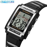 Montre numérique électronique de sport rectangulaire SYNOKE Hangzhou, étanche, lumineuse, 5 BAR, bracelet en cuir PU, grand écran, alarme