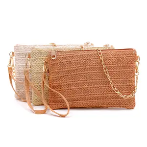 Summer Eco Friendly Handwoven Straw Purse Girl's Beach Crossbody Handbags Gold Link Chain Square Clutch Bag Women Fashion Wallet