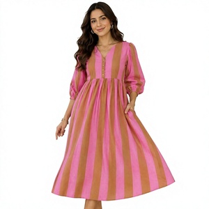 Robe Courte Rose Marron Rayée Col V Coupe Trapèze Manches Bouffantes Taille Naturelle 100% Coton Imprimé Numérique Décontractée Formelle Simple Robe d'Été - Product Image 1