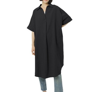 时尚纯色宽松V领女式连衣裙棉麻夏季上衣短袖大码OEM制造商 - Product Image 5