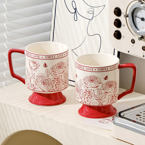 Vintage Rose Pattern Ceramic <b>Mug</b> <b>Large</b> Capacity Drinking Cup with Footed Base for Home Office Gift - Product Image 3