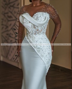 Vestidos de Novia de Satén Estilo Sirena Africanos para la Novia con Cuello Redondo Manga Larga Encaje Pedrería y Plisados Tren de Corte <span class=keywords><strong>Civil</strong></span> Personalizados para Mujer - Product Image 3