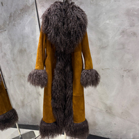 Manteau long en cuir pour femme, chaud pour l'hiver, avec garniture en fourrure naturelle de mouton bouclé de Mongolie