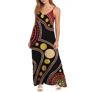 Drop shipping Aboriginal Art Australia Tribal Pattern Dress Spaghetti strap Long Beach Maxi Summer Polyester Dresses 2023