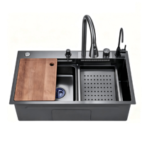 Évier de cuisine multifonctionnel en acier inoxydable couleur bronze, poste de travail avec évier simple, robinet extractible et sortie cascade, complet