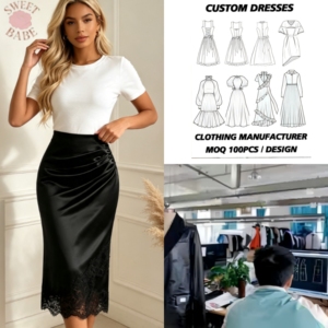 Jupe crayon mi-longue froncée taille haute pour femme avec ourlet en dentelle, élégante et moulante, coupe ajustée, idéale pour le quotidien et les occasions festives - Product Image 1
