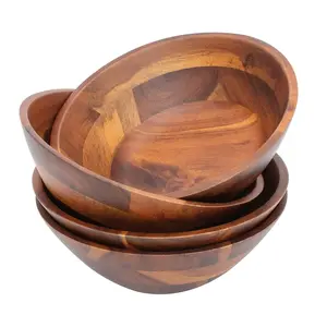 Mangkuk Salad kayu mangga buatan tangan alami Set mangkuk kayu akasia dengan peralatan mangkuk saji makanan sayuran besar
