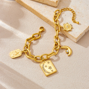 Fashionable Gold Plated Stainless Steel Chunky Chain Bracelet With Moon Star Charms Geometric Design Gift Jewelry - Product Image 3
