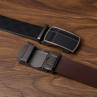 Cinturones de cuero con hebilla automática para hombre de piel de vaca de grano superior con patrón a cuadros de moda de gama alta para hombre, cinturón de traje de negocios genuino