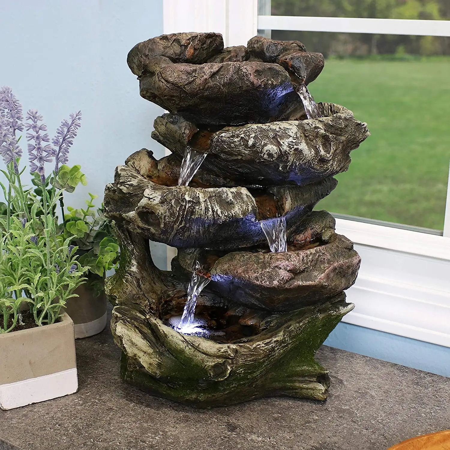 Home Water 4 Tiered Bowls Floor Stacked Stone Waterfall Fountain With LED Lights For Outdoor