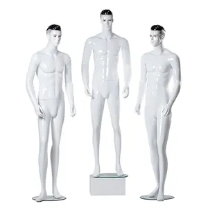 Manichino maschile a corpo intero bianco lucido con testa di trucco per tutto il corpo seduto alla moda per esposizione di abbigliamento