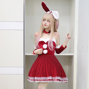 Bunny Girl Costume Pink Velvet Dress With Ears And <b>Bow</b> Women's Fancy Party Outfit - Product Image 4