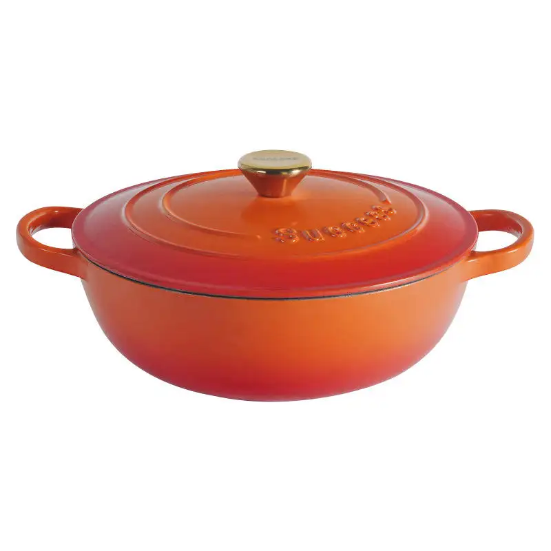 Panci besi cor Enamel oranye 26cm, Set peralatan masak anti lengket ukuran besar untuk memasak