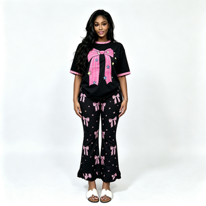Ensemble deux pièces pour femme avec imprimé nœud, haut à manches courtes et pantalon évasé, tenue décontractée, ensemble de loungewear assorti pour femme, tenue de pyjama mignonne - Product Image 5