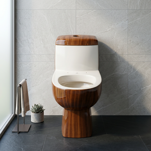 Conjunto de Lavabo de Cerámica Moderno de Diseño Bicolor Blanco con Pedestal de Madera y Inodoro de Una Pieza con Sifón - Product Image 6