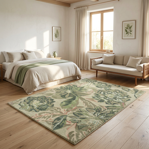 Tapis d'intérieur écologique en mélange laine/coton tissé à la main, brodé floral, vert ivoire, design classique, antidérapant, en coton, pour exercices et prières - Product Image 3