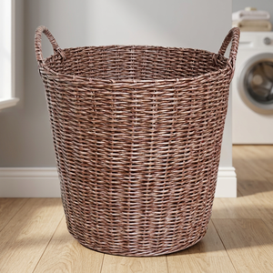 Rattan Storage <b>Basket</b> Round With Handles Handcrafted Clothing Organizer Rustic Style Living Room Use - Product Image 3