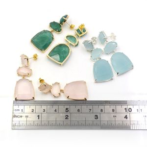 Boucles d'oreilles en cristal naturel 3 pierres Œil de chat Quartz rose Améthyste Boucles d'oreilles plaquées or argent Boucles d'oreilles à clous Bijoux en pierres précieuses Femmes - Product Image 2