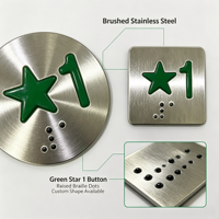 Étiquette de bouton en braille en acier inoxydable pour ascenseur, modèle 005, motif étoile verte à cinq branches, taille personnalisée, caractère unique en relief