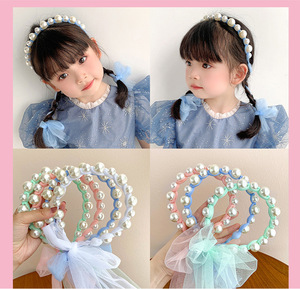 Fasce per capelli con nastro di perle carine per bambini principessa Tulle coda di cavallo da ragazza - Product Image 3