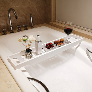 Étagère de bain en bambou blanche à 1 niveau, plateau de bain amovible pour rangement dans la baignoire - Product Image 3