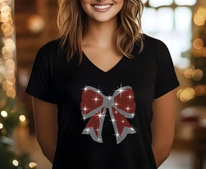 Nuovo arrivo disegno di natale papillon pronto per la spedizione strass su misura t-Shirt fornitori della fabbrica all'ingrosso delle donne t-Shirt - Product Image 4