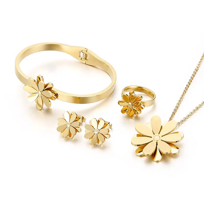 New Arrival Trendy Ladies Black White Gold Daisy Design Artistic Gold 4in1 Necklace Bangle Ring Earring Jewelry Set