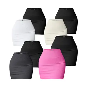 Customization Women seamless 2-pieces basic high stretch no see through ribbed casual high-waisted mini skirt