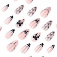 Laisense Faux ongles à porter de haute qualité, forme amande courte, noirs, style œil de chat gothique cool, avec nœud
