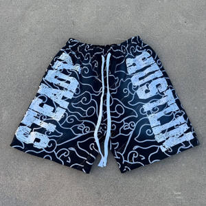 Pantalones cortos deportivos de Hip Hop para hombre de algodón de rizo francés vintage, estampado personalizado, lavado ácido, rasgado, desgastado, con cordón para correr - Product Image 3