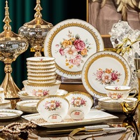 Service de table en porcelaine fine avec bordure dorée, vaisselle de luxe pour mariage, service de table à motif de roses