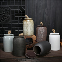 Grande boîte à thé en céramique de style rétro avec couvercle en poterie grossière pour le stockage des aliments et le conteneur