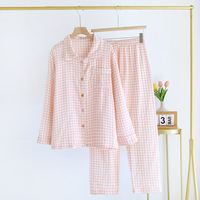 Ensemble de pyjama personnalisé en coton bulle tissé pour femme, taille élastique, manches longues fines, col à revers, printemps-automne, style doux d'été