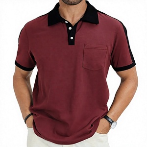 Polo à manches courtes pour homme, couleur unie, coton tricoté, respirant, décontracté, avec poche, bordure rouge et noire - Product Image 1