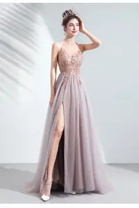 Women's Pink Camisole V-neck Graduation Party High Split Wedding Gown Long Evening Gown