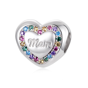Breloque en forme de cœur avec cristaux colorés, pendentif en alliage plaqué argent gravé « Mom » pour cadeau unisexe - Product Image 1