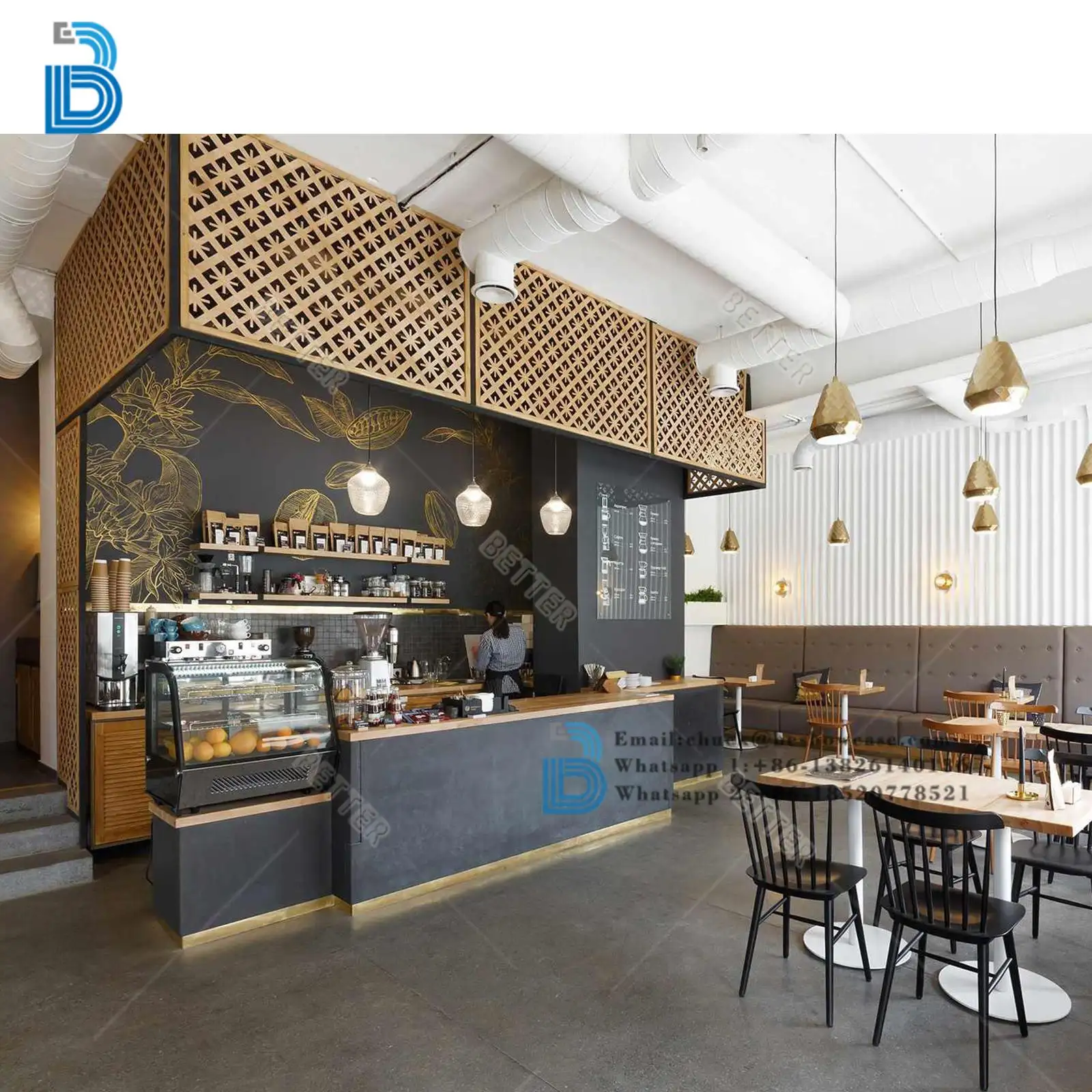 Projetos de decoração personalizados de loja de café, design de loja de café