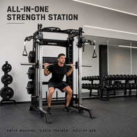 Rack de Squat Multifonctionnel en Acier Robuste avec Poulies Réglables et Barre de Traction pour Entraînement de Musculation en Salle de Sport