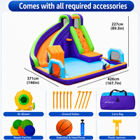 Aire de jeux intérieure avec toboggan extra large, piscine à balles, panier de basket et structure gonflable, disponible en marque privée, bleu-vert