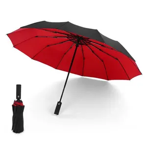 Custom logo 12 ribs windproof outdoor umbrella small compact automatic strong steel shaft 3 folding umbrella for men and women