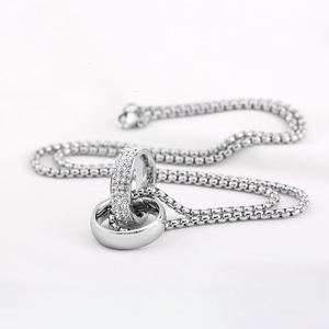 Stainless Steel Double <b>Ring</b> Pendant With Pave Setting Geometric Design Unisex Fashion <b>Necklace</b> - Product Image 2