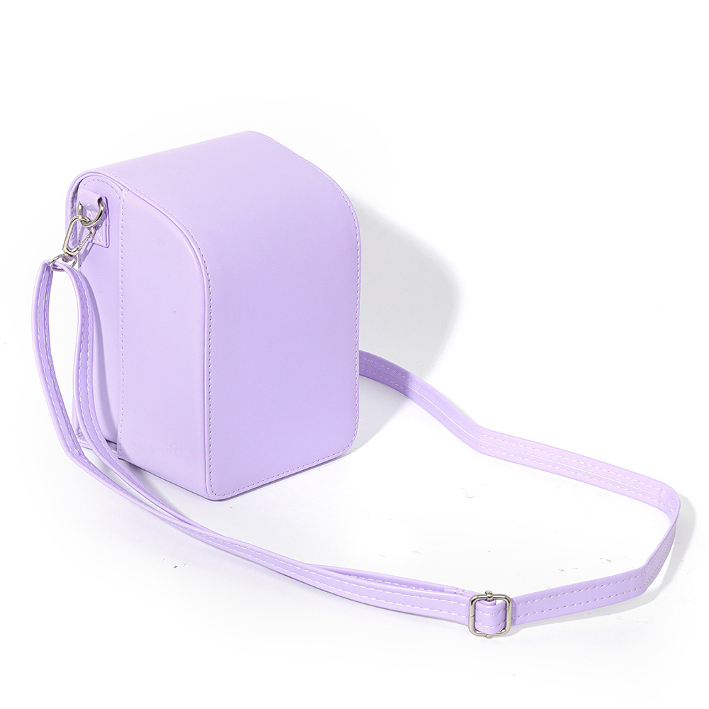 sac pour appareil photo en cuir violet + sangle à boucle noire