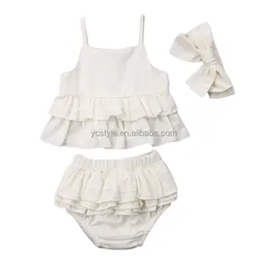Yaz bebek tatlı sevimli düz renk Flouncing ekleme kolsuz askı üstleri şort kıyafetler bebek kız giysileri setleri