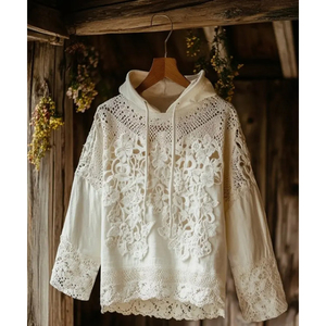Felpe da Donna di Tendenza in Stile Bohémien e Fiabesco, Tinta Unita con Inserti in Pizzo, Mezze Maniche con Motivo Personalizzato - Product Image 4